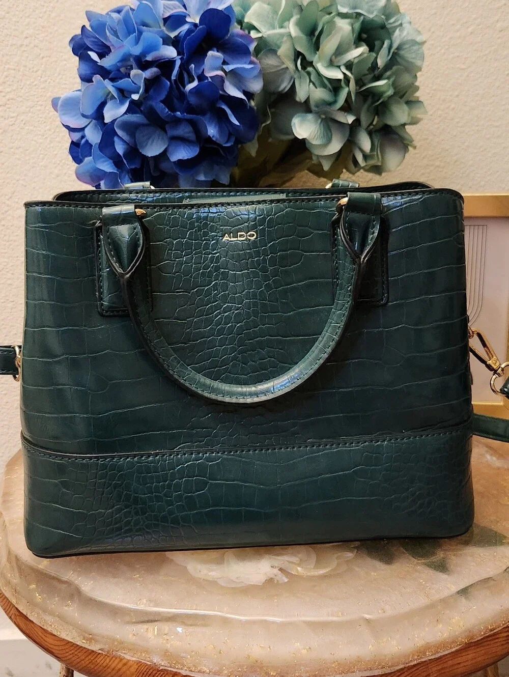 ALDO Emerald Green Croc-Embossed Satchel with Top Handles